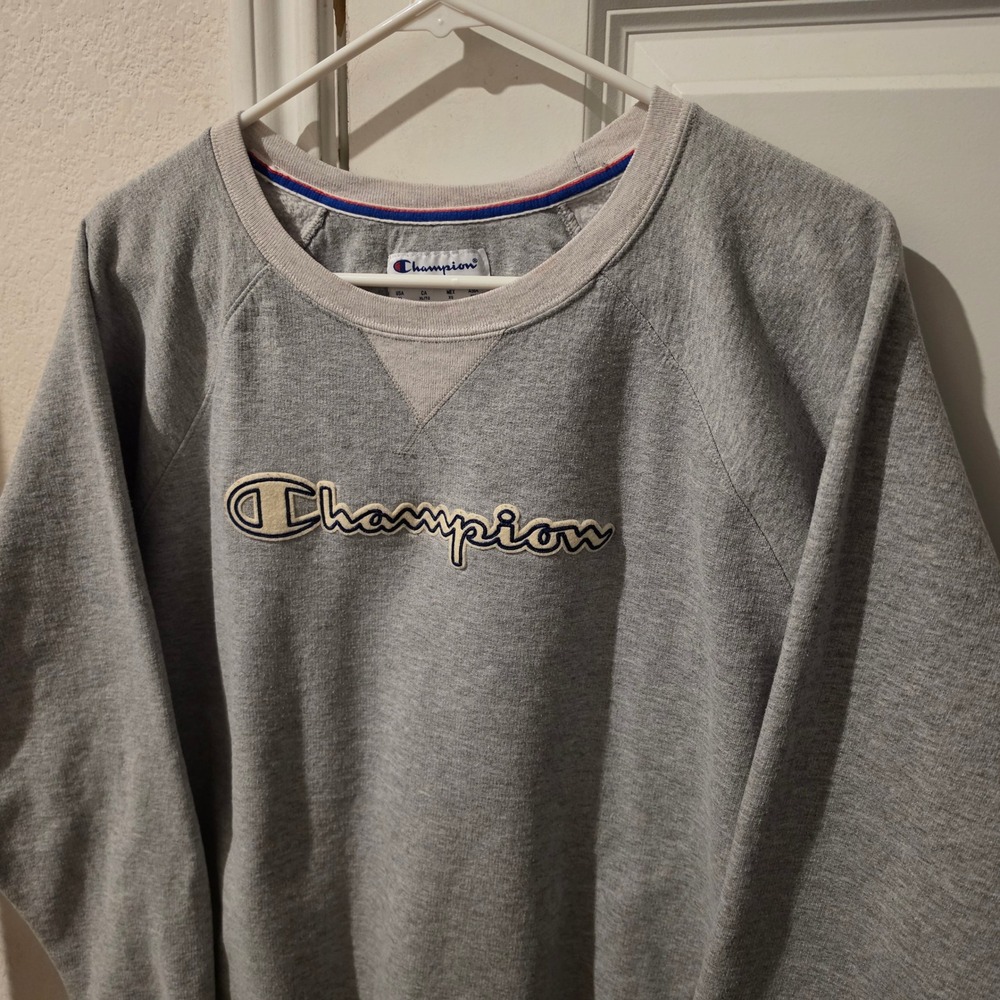 Champion Mens XL Heather Gray Script Logo Raglan Sleeve Pullover Sweatshirt